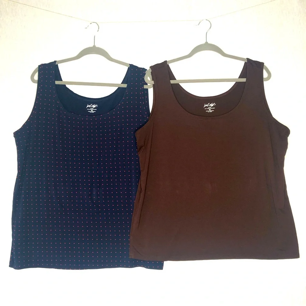 Lord Taylor Womens Tank Top Plus Size 3X LOT OF 2 Navy Blue Print & Brown Solid - Picture 1 of 13